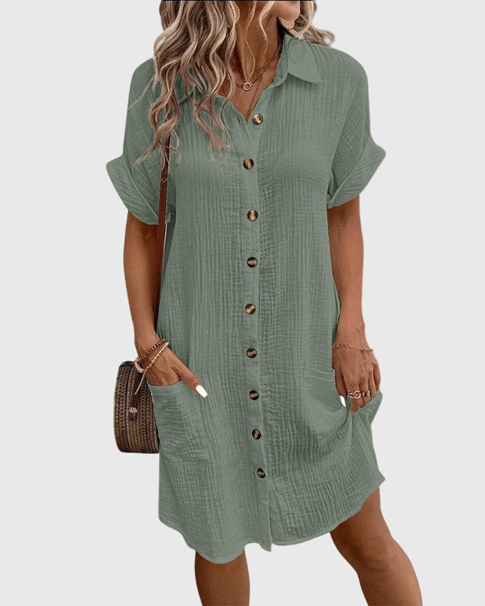 Button Front Short Sleeve Collared Pocket Shirt Dress