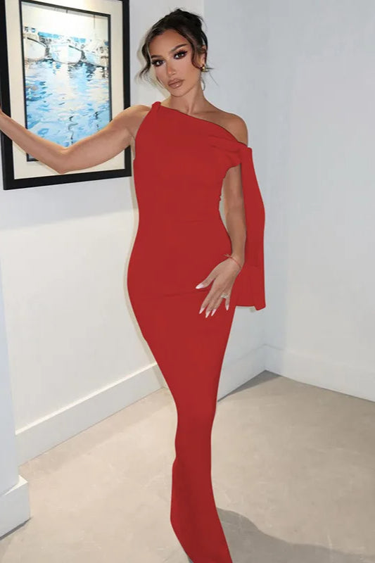 Elegant One Shoulder Asymmetric Tie Maxi Dress