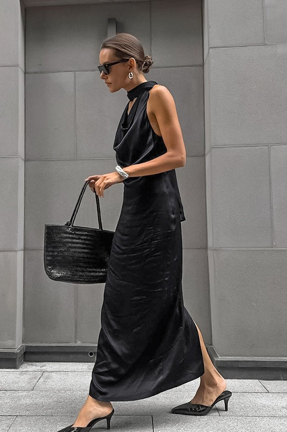 Black Satin Halter Maxi Dress - View 3