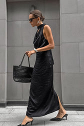 Black Satin Halter Maxi Dress - View 3