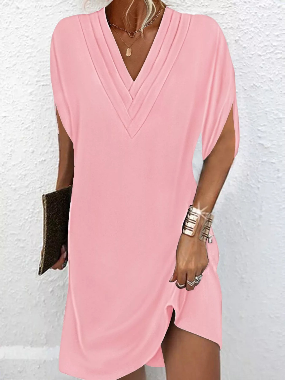 Pleated V-Neck Split Sleeve Relaxed Shift Mini Dress 17