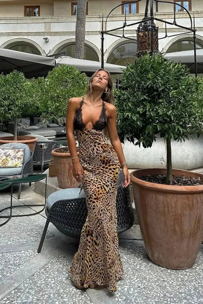 Leopard Edition Print Lace Trimmed Maxi Dress