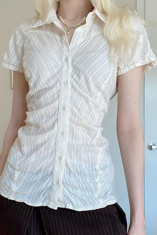 Collared Short Sleeve Ruched Button Front Textured Stripe Blouse