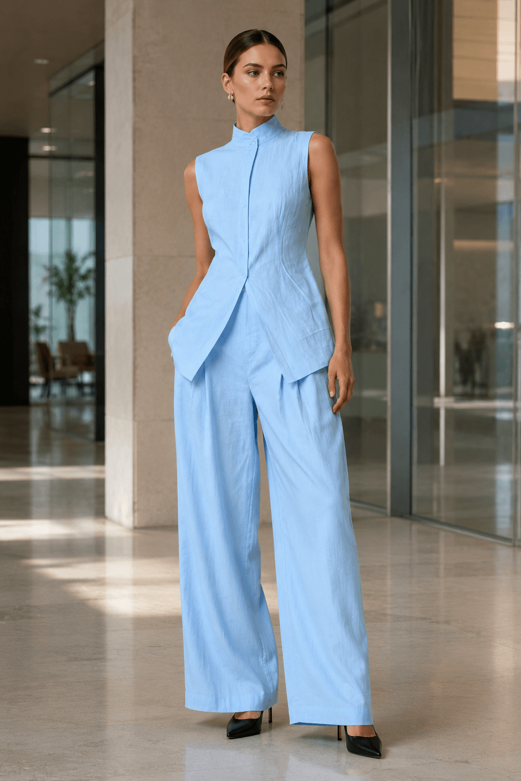 Drape Sleeveless Shirt Elegant Two Piece Work Set