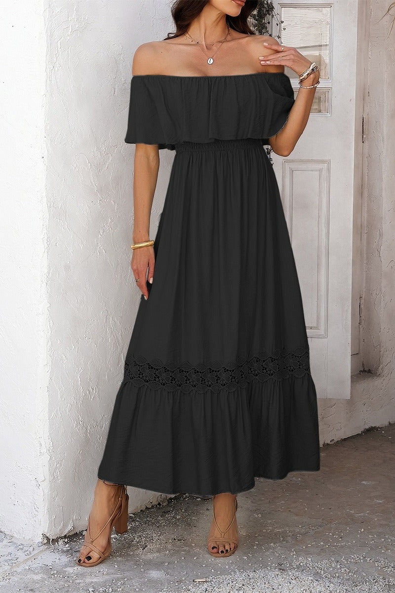 Casual Off Shoulder Waist Cinched Boho Dress