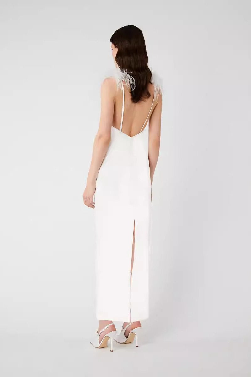 Ostrich Feather Trim Gown Prom Dress