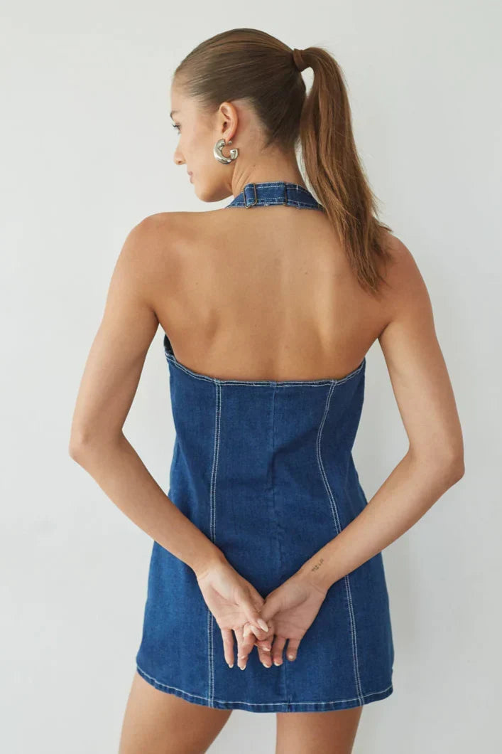Denim-Look Halter V-Neck Zip Front Topstitched Mini Dress 4