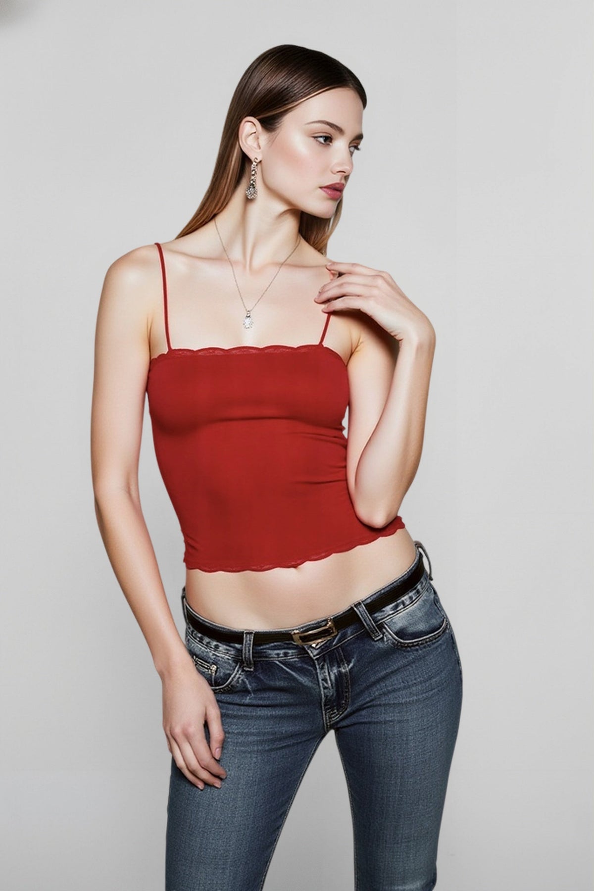 Scalloped Lace Trim Spaghetti Strap Square Neck Cami Crop Top 5