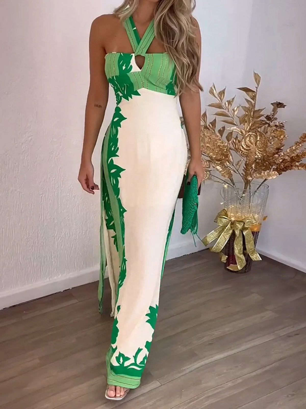 Leaf Print Crisscross Halter Keyhole Side Split Maxi Dress 4
