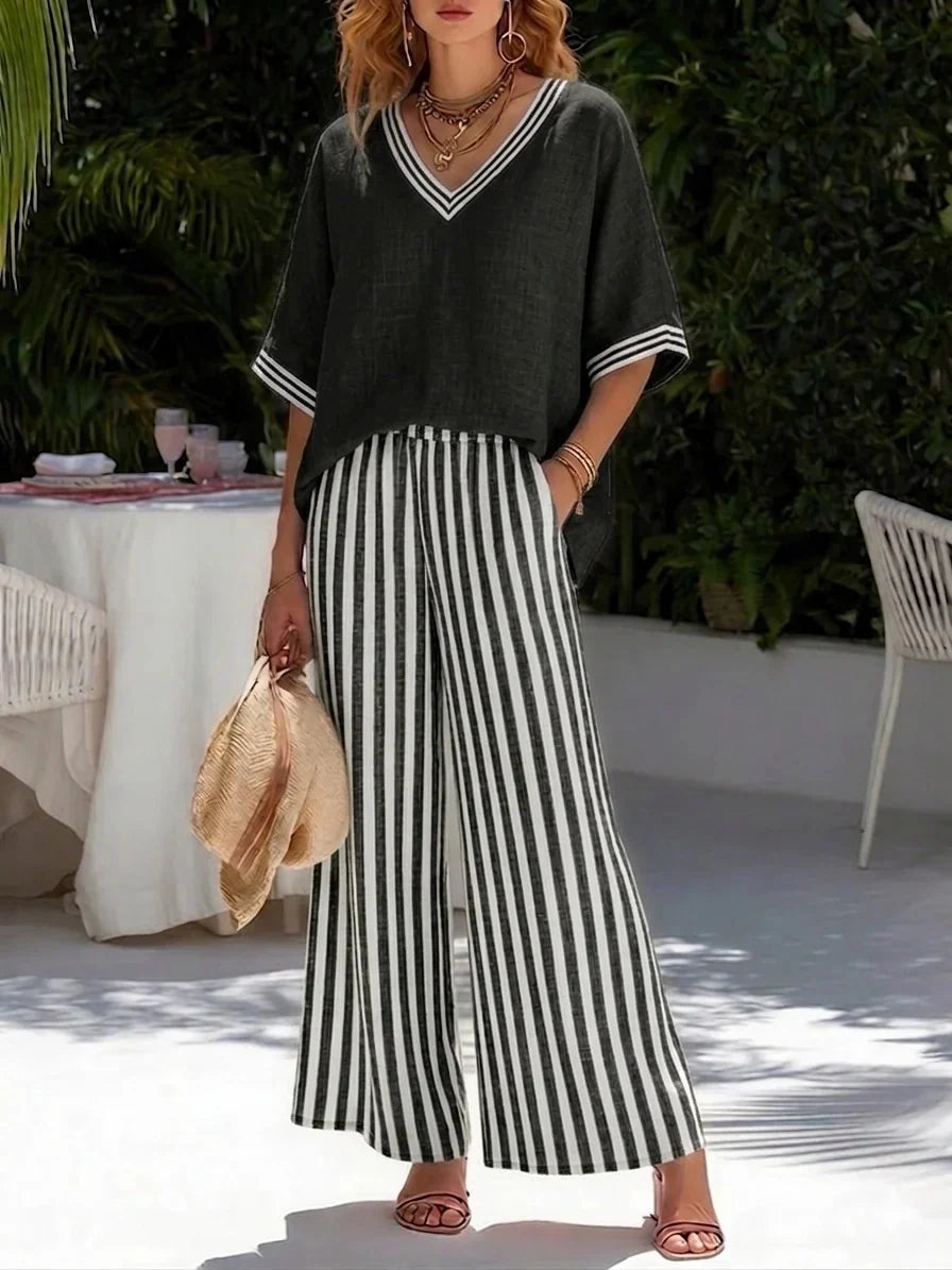 V-Neck Top and Striped Wide Leg Pants Two Piece Set