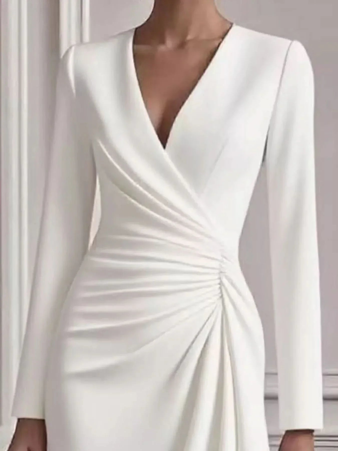 Front Ruched V-Neck Long Sleeve Dress