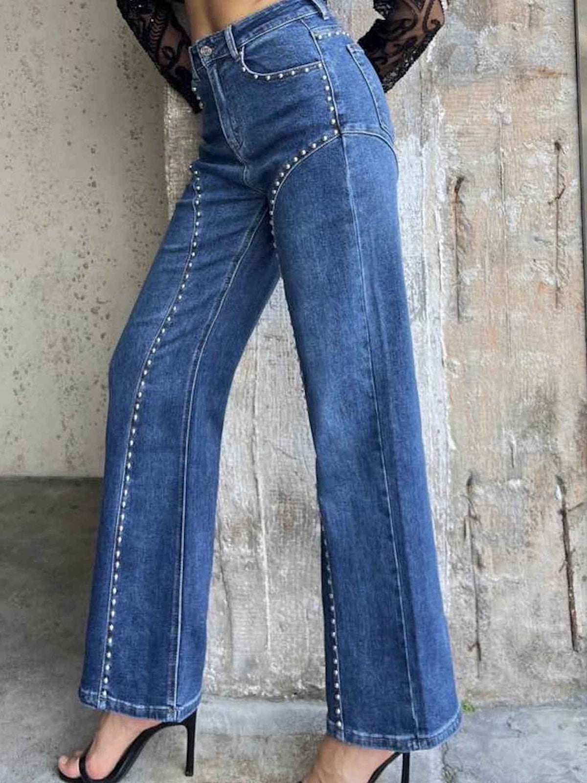 High Waist Studded Curved Seam Wide Leg Jeans 2