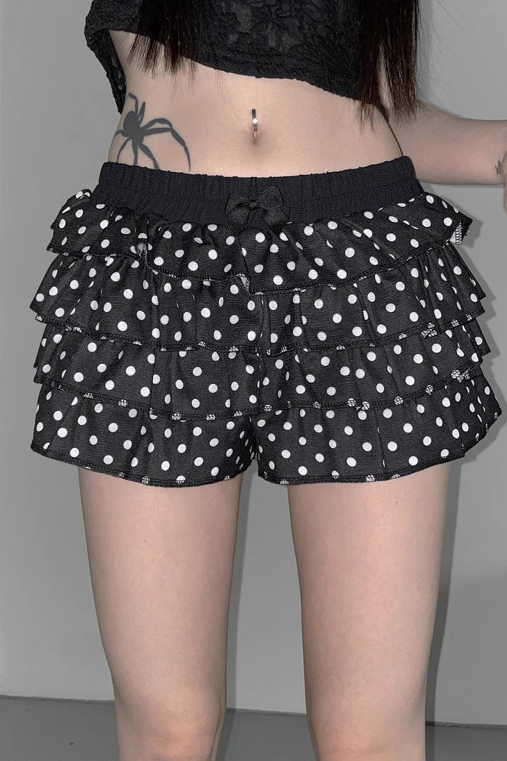 Polka Dot Tiered Ruffle Elastic Waist Bow Front Mini Skort