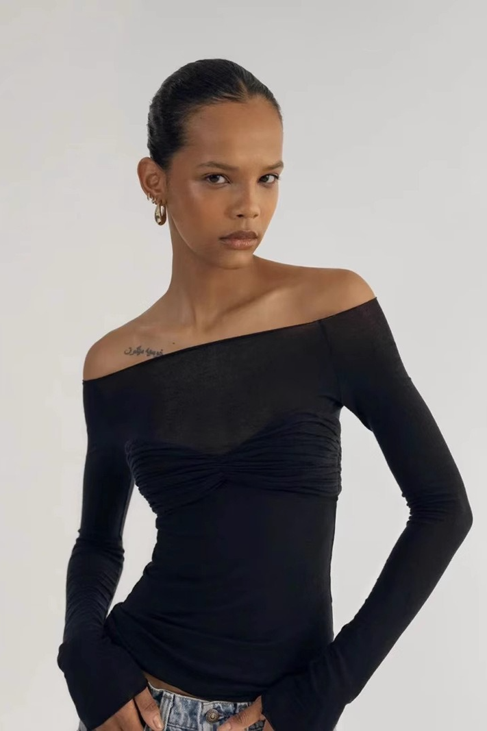 Sheer Ruched Faux TwoPiece Off Shoulder Crop Top