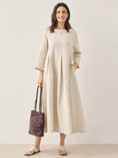 Pleated Round Neck Pocket A-Line Maxi Dress