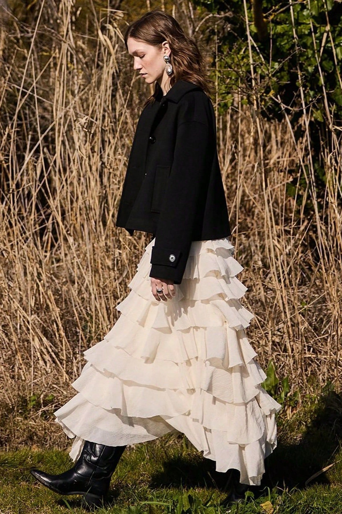 Tiered Layered Ruffle Asymmetric Hem Midi Skirt