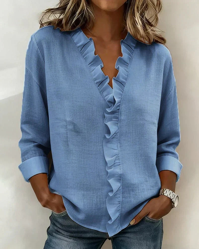 Ruffle Placket V-Neck Long Sleeve Blouse