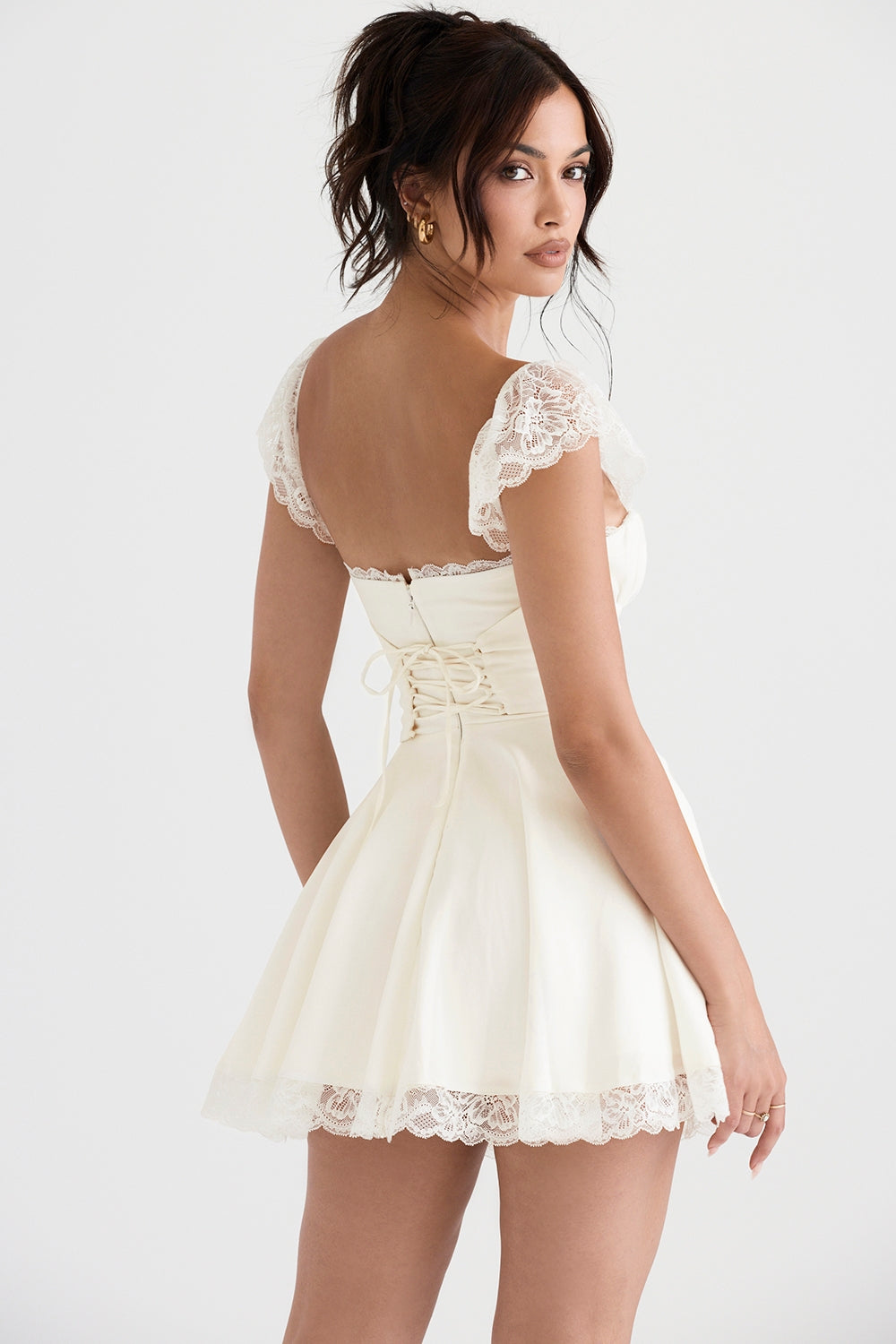 Lace Trim Square Neck Cap Sleeve Ruched Bust A-Line Mini Dress 7