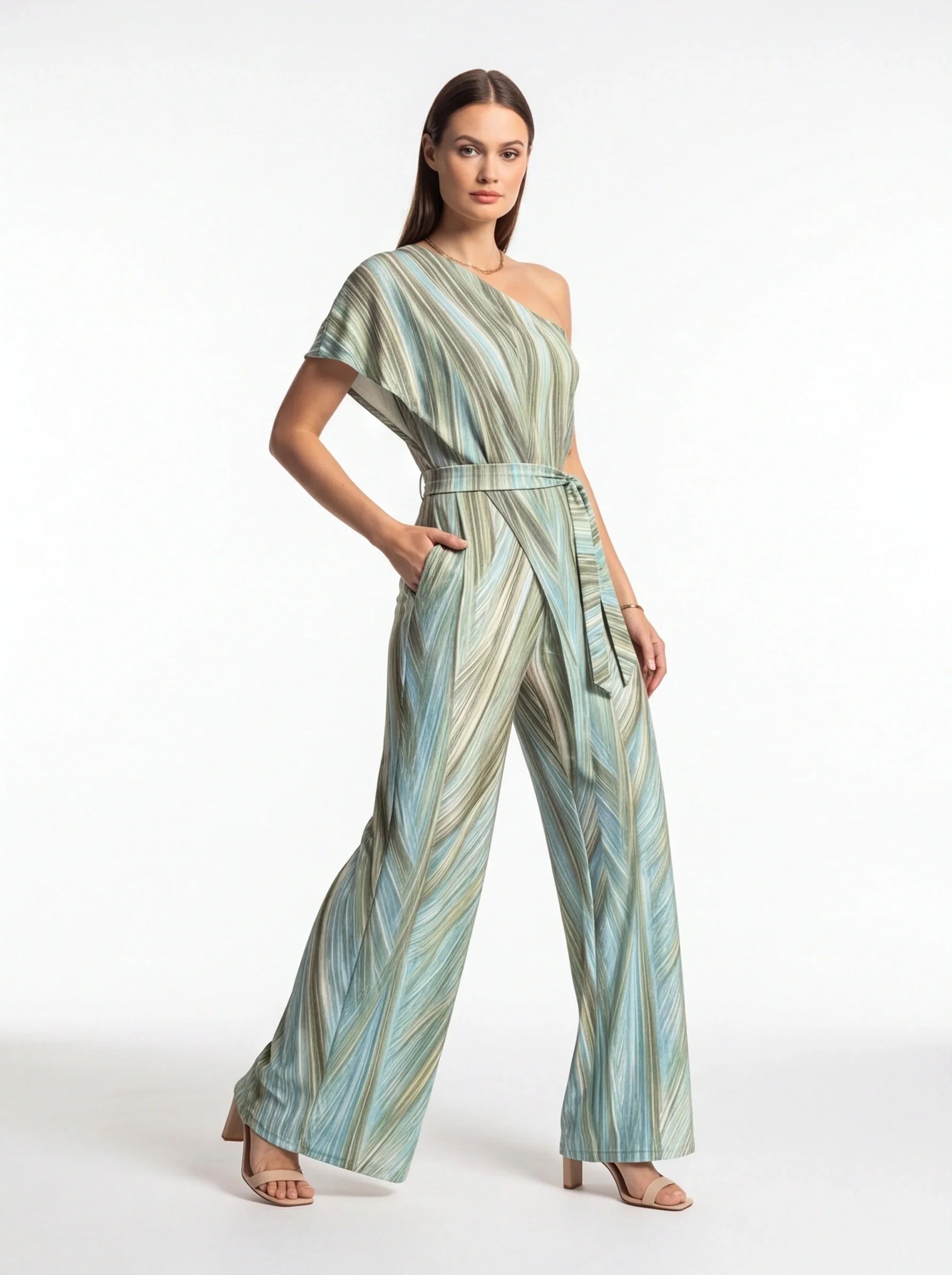 Elegant Abstract Print Wide Leg Jumpsuit with Pockets and Belted Waist