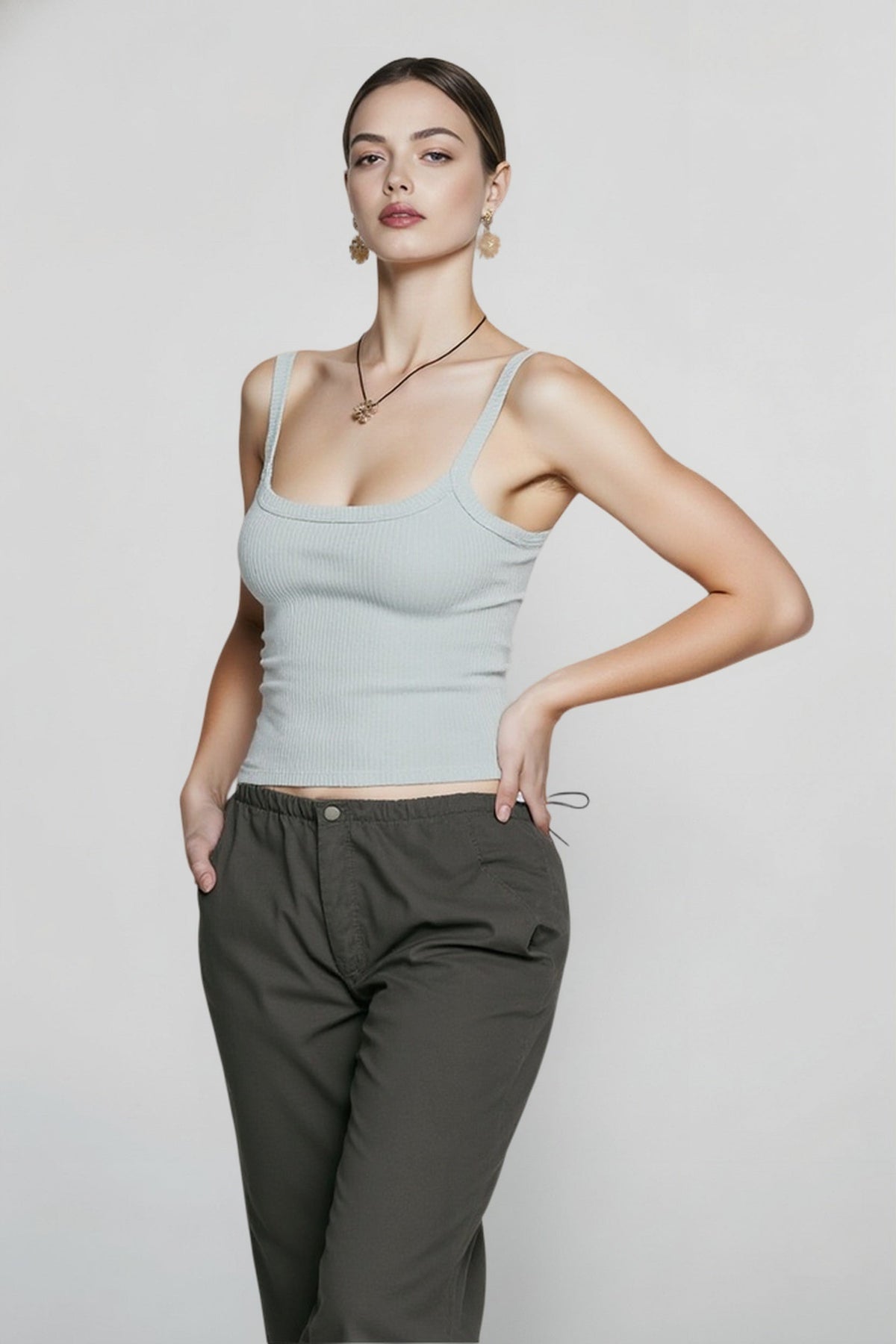 Ribbed Knit Scoop Neck Spaghetti Strap Fitted Tank Top 6