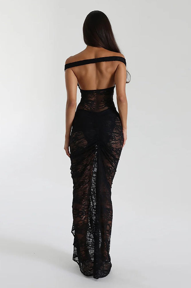 Sleeveless Lace Backless Ruched Bodycon Maxi Lace Dress