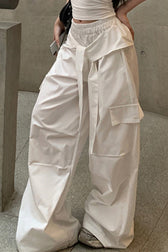 Tie Detail Ruched Pocket Loose Slouchy Cargo Casual Pants