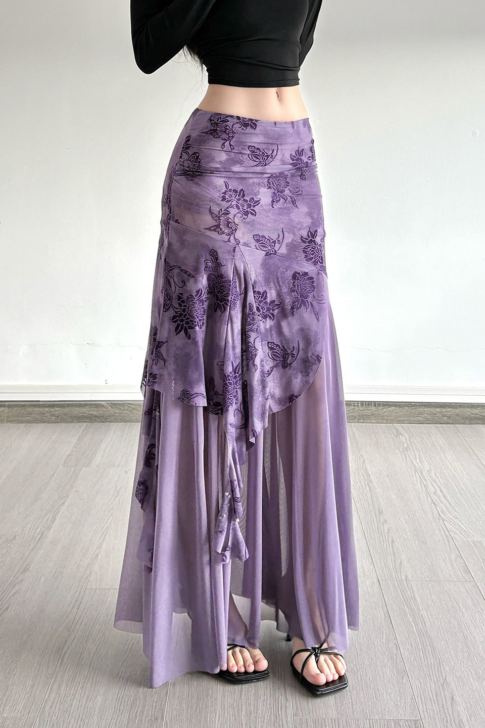 Floral Print Mesh Ruched Asymmetric Ruffle Mermaid Maxi Skirt 2