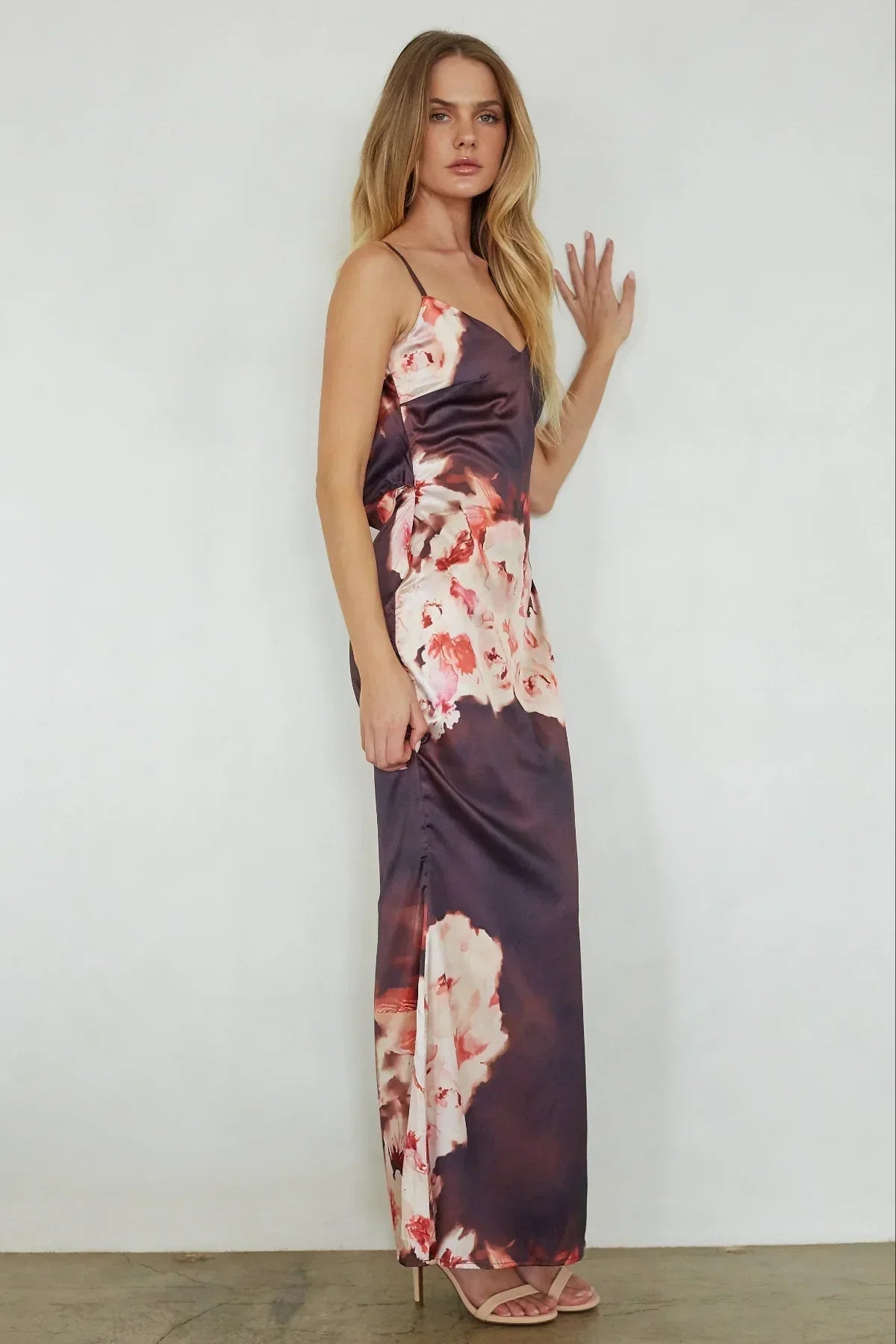 Satin Floral Print V-Neck Cami Bias Cut Maxi Dress 3
