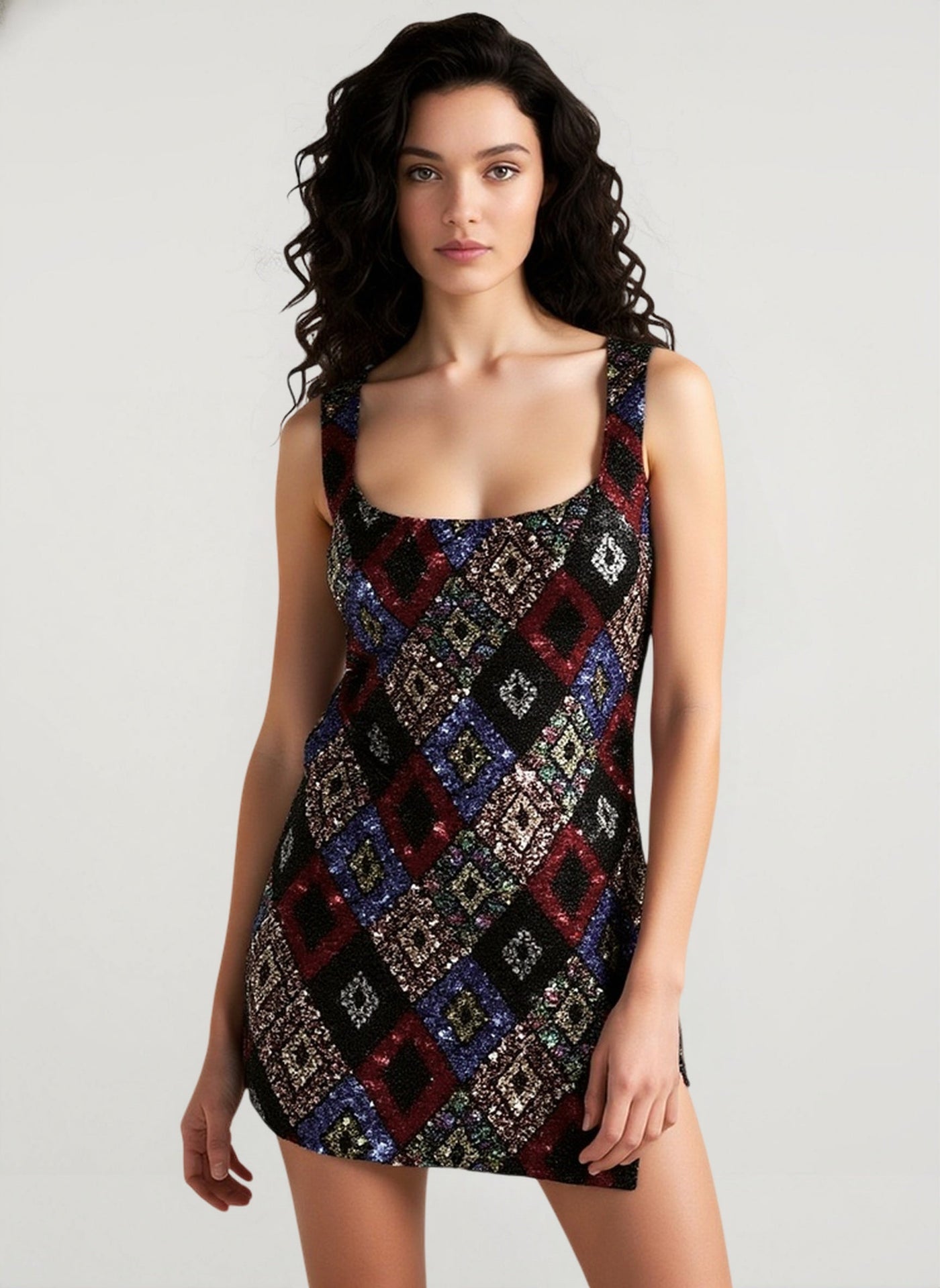 Chic Colorful Rhombus-Pattern Sequin Split Bodycon Sequin Dress