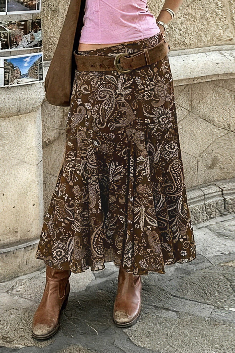 Paisley Floral Print Godet Flounce Hem Mermaid Midi Skirt 2