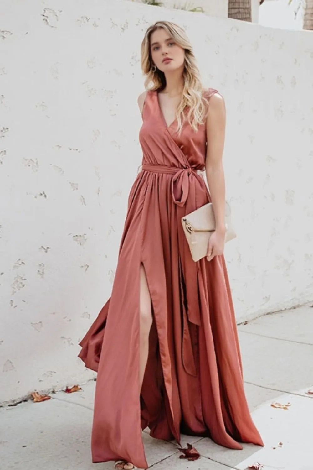 Satin Surplice V-Neck Sleeveless Tie Waist High Split Maxi Dress 8