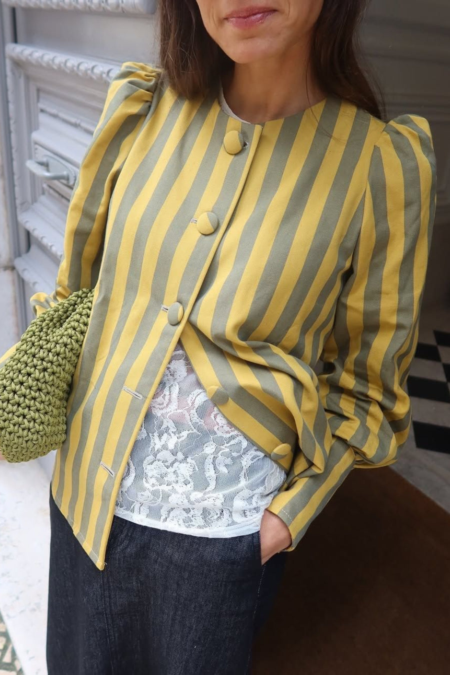 Striped Band Collar Button Front Long Sleeve Blouse 5