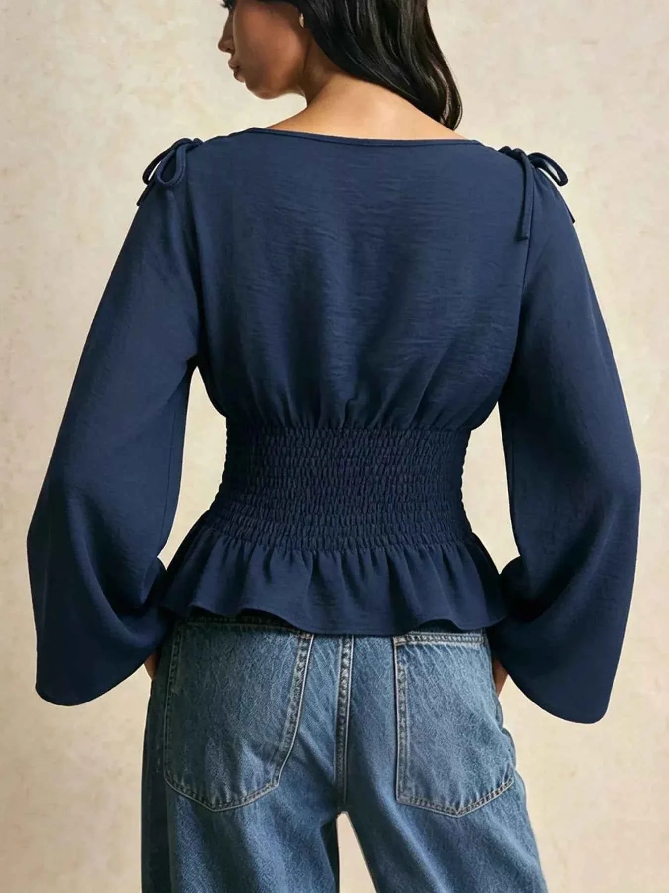 Smocked Waist Flare Sleeve Blouse