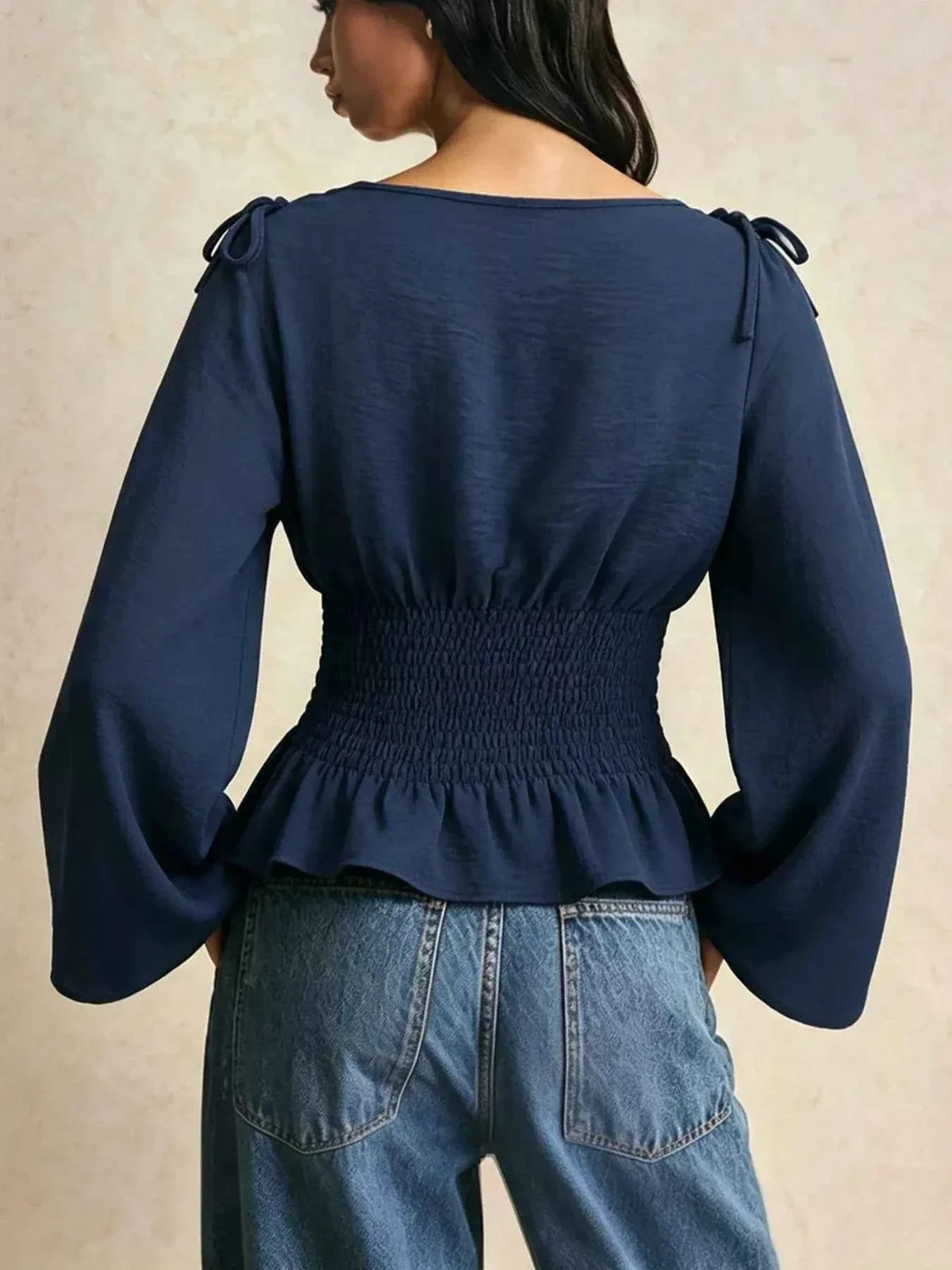 Tie Shoulder Flare Sleeve Smocked Waist Peplum Blouse 4
