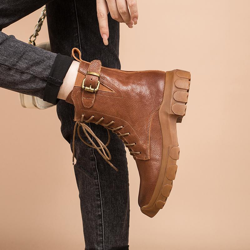 Full grain leather Combat Boots Designer Retro Chunky Riding Boots Side Zip Brown/Black