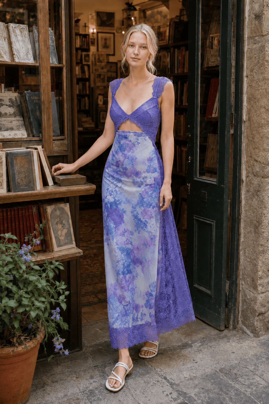 Patchwork Backless Lace Floral Maxi Dress