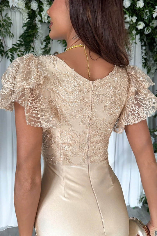 Sequin Lace V-Neck Ruffle Sleeve Ruched Satin Split Midi Dress 7