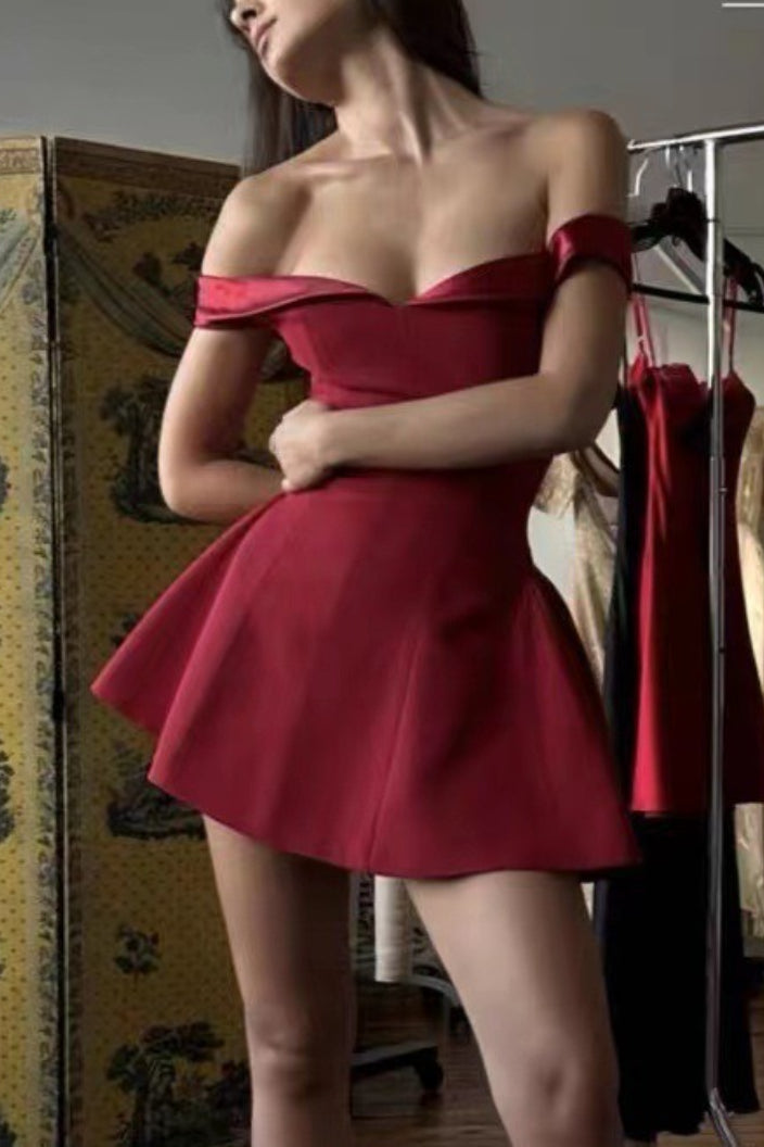 Satin Off Shoulder Sweetheart Neck A-Line Skater Mini Dress