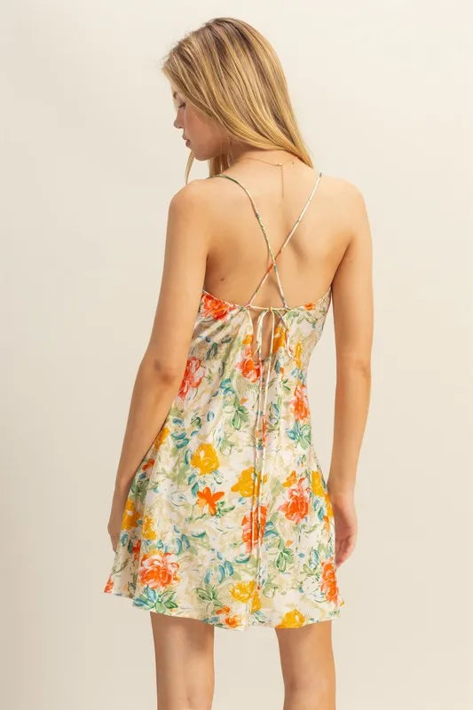 Floral Print Satin Cowl Neck Spaghetti Strap Flared Mini Dress 5