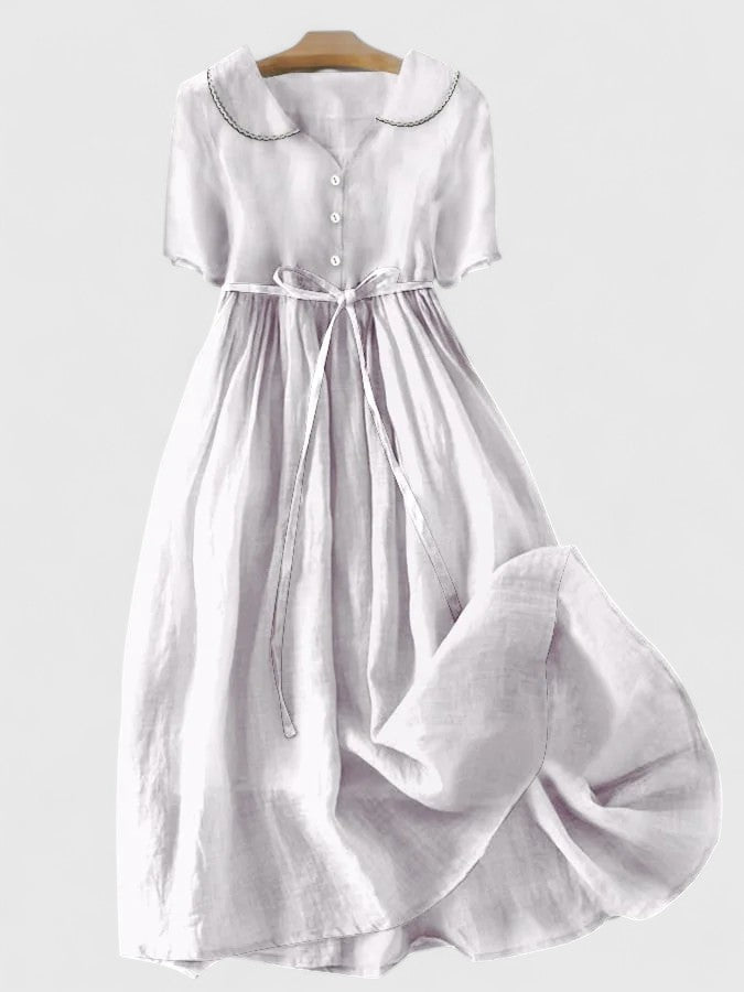 Oversized Collar Button Front Waist Tie Short Sleeve Midi Dress