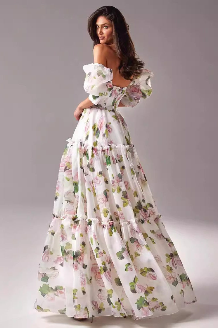 Floral Off Shoulder Puff Sleeve Sweetheart Tiered Maxi Dress