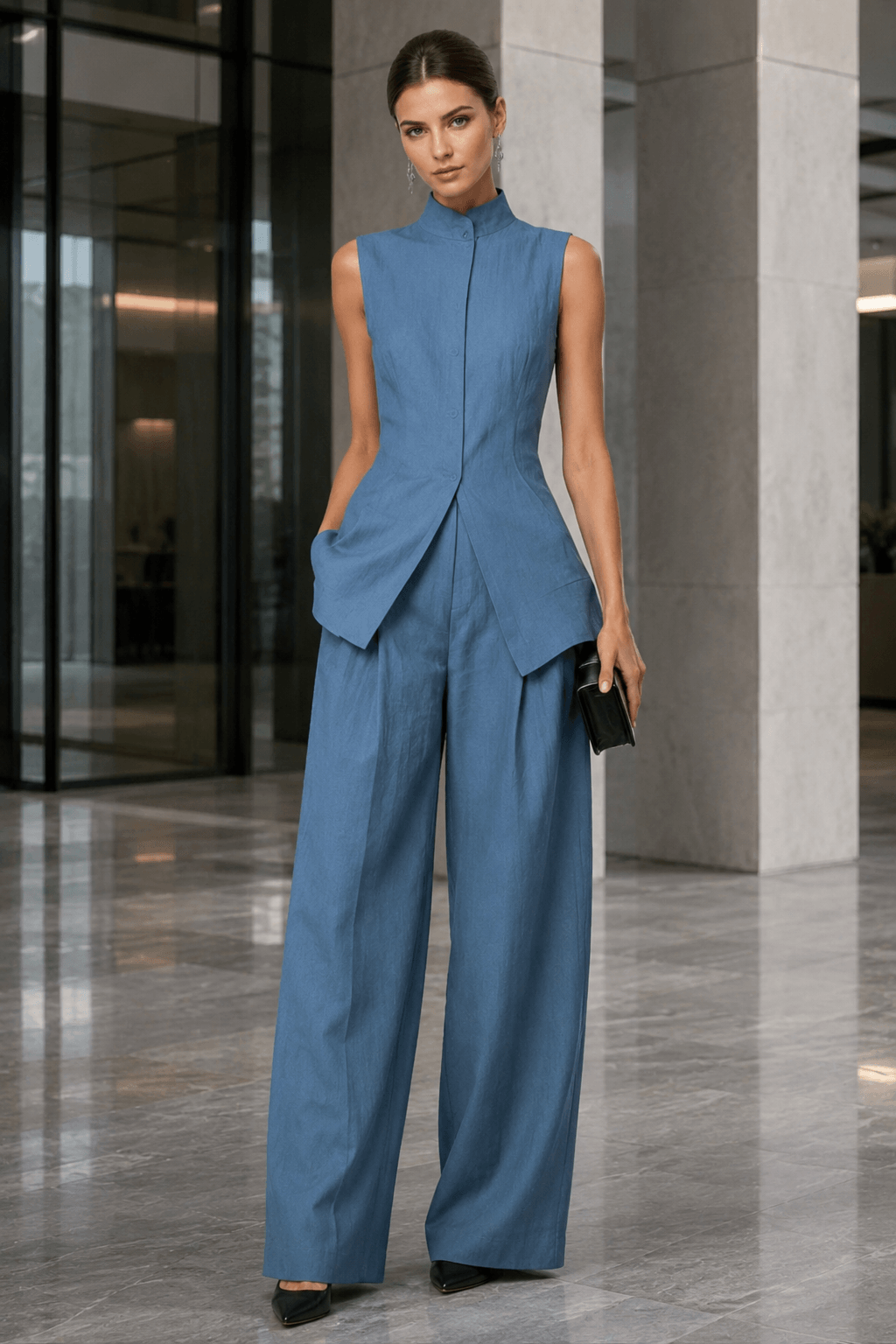 Drape Sleeveless Shirt Elegant Two Piece Work Set