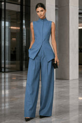 Drape Sleeveless Shirt Elegant Two Piece Work Set