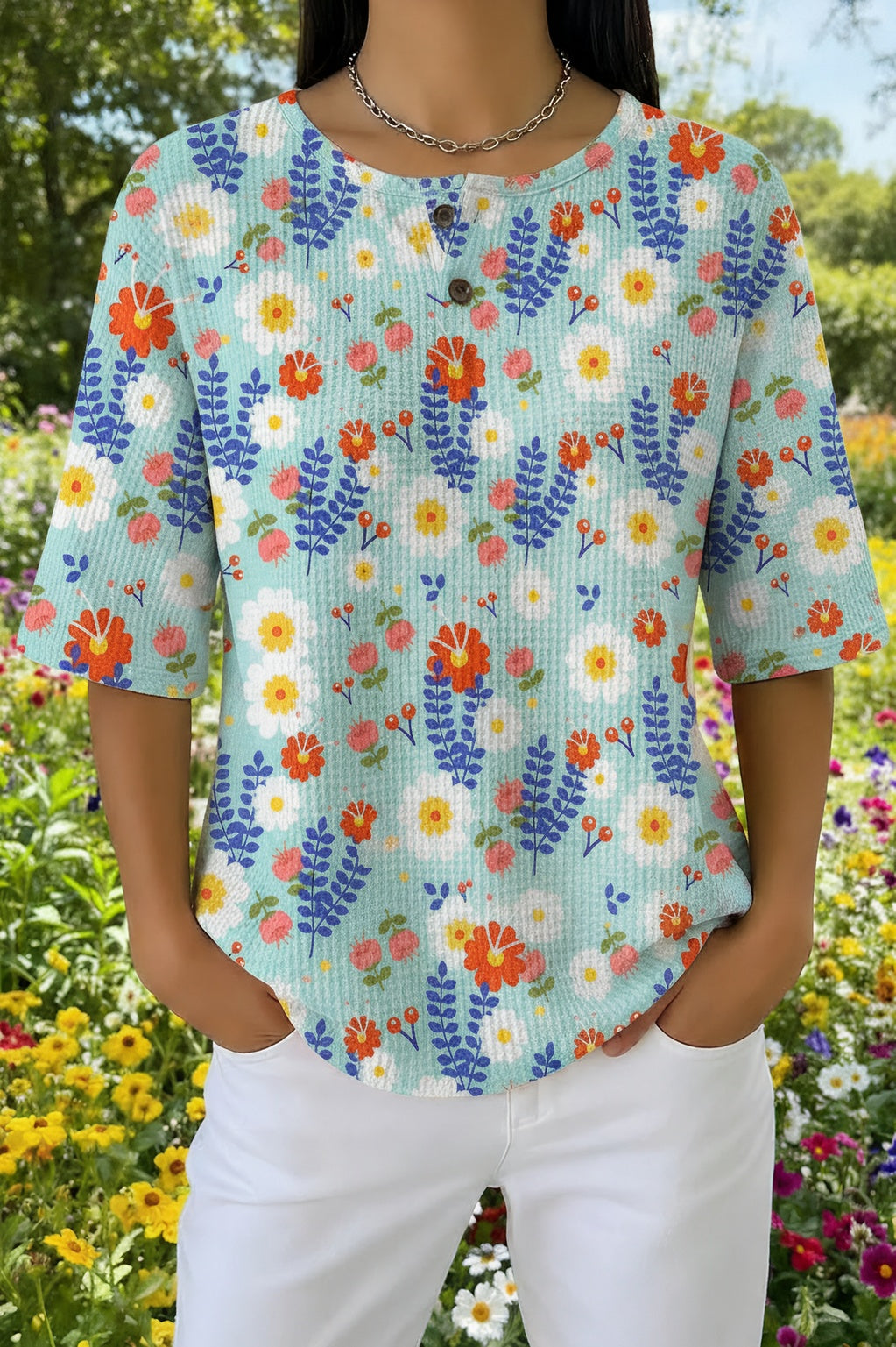 Womens Light Blue Floral Print Casual Shirt
