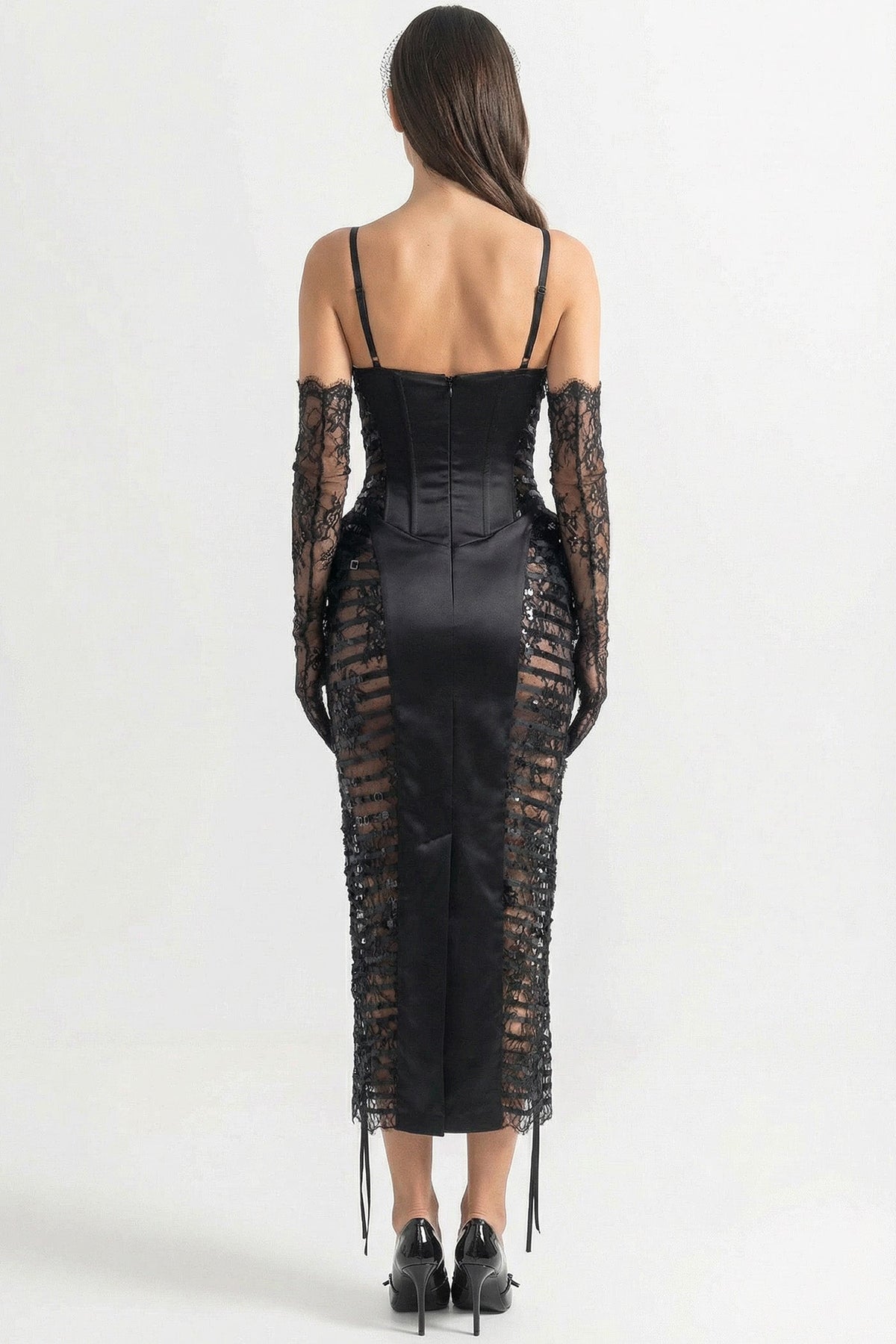 Lace Trim V-Neck Satin Sequin Sheer Side Panel Bodycon Midi Dress 4