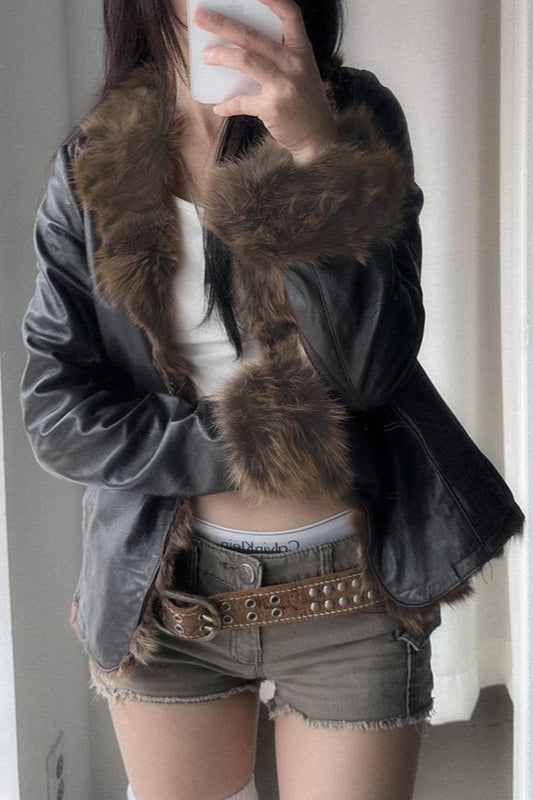 Fur Collar Panel Leather Jacket