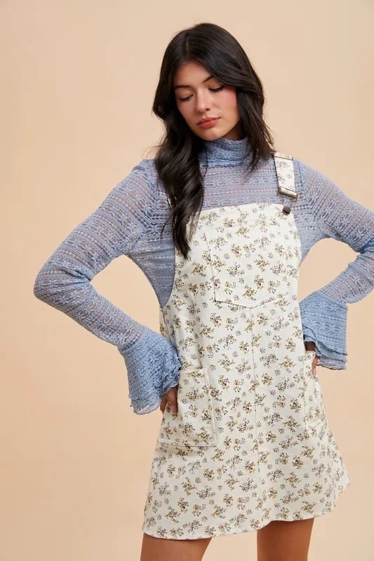 Ditsy Floral Print Denim-Look Buckle Strap Overall Mini Dress 4
