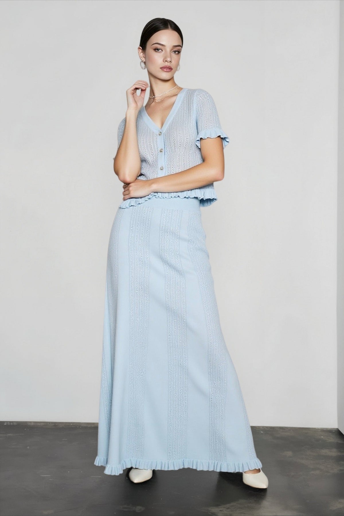 Open Knit V-Neck Button Front Crop Top and Maxi Skirt Two Piece Set 4