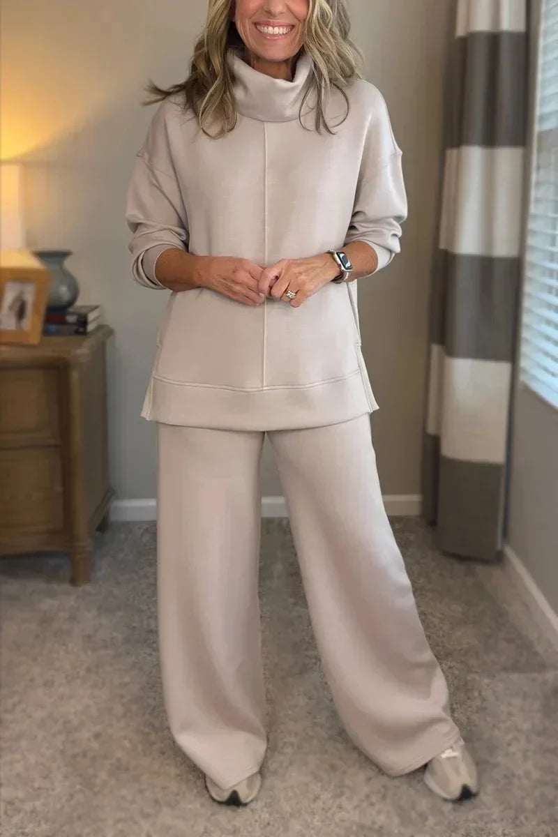 Cowl Neck Long Sleeve Top and Wide Leg Pants Two Piece Set
