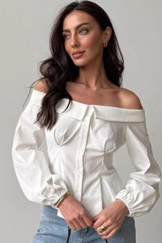 Off Shoulder Ruffled Satin Blouse